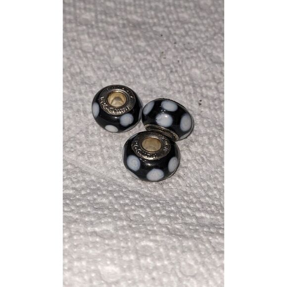 NEW SET OF 3 PANDORA MURANO BEADS BLACK WITH WHITE POLKA DOTS - REALLY CUTE - Picture 2 of 3